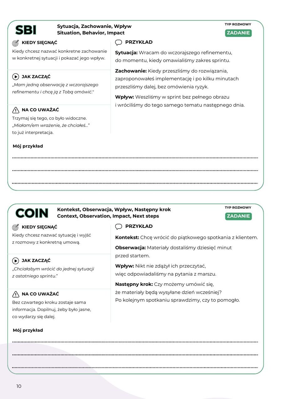 Karty modeli feedbacku w workbooku: SBI i COIN