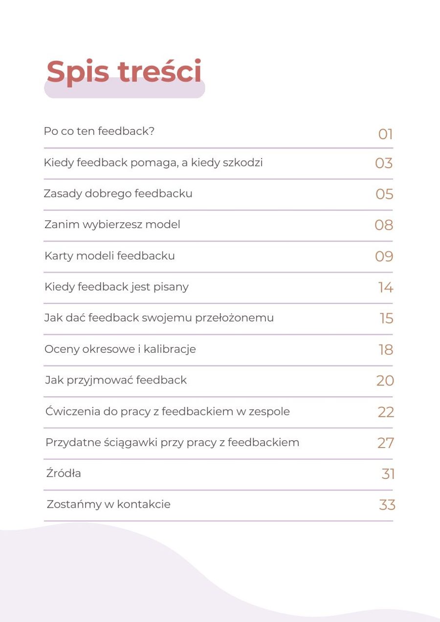 Spis treści workbooka Feedback, który pomaga